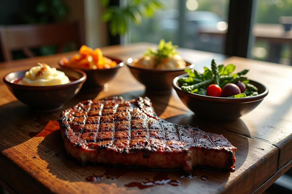 Entrecôte grillée sur une table en bois avec légumes colorés