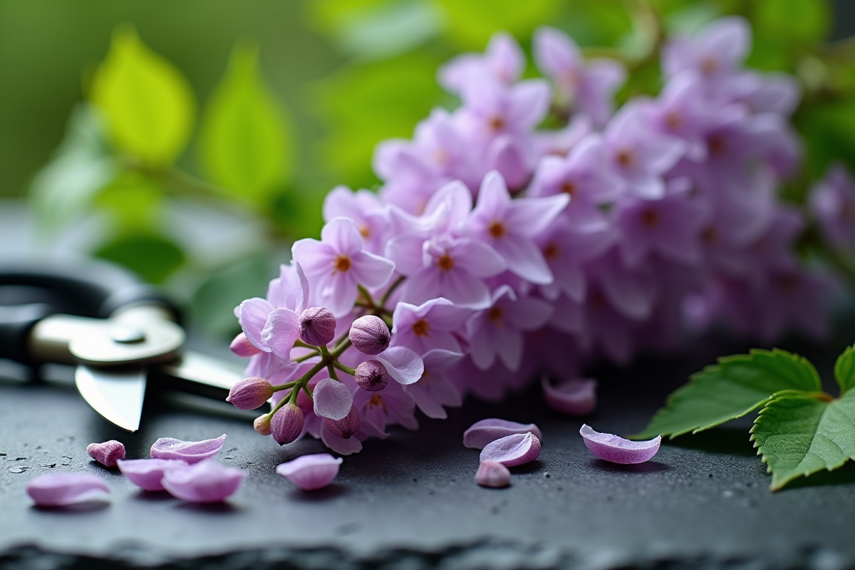 Segments de branche de glycine coupés avec ciseaux de jardin