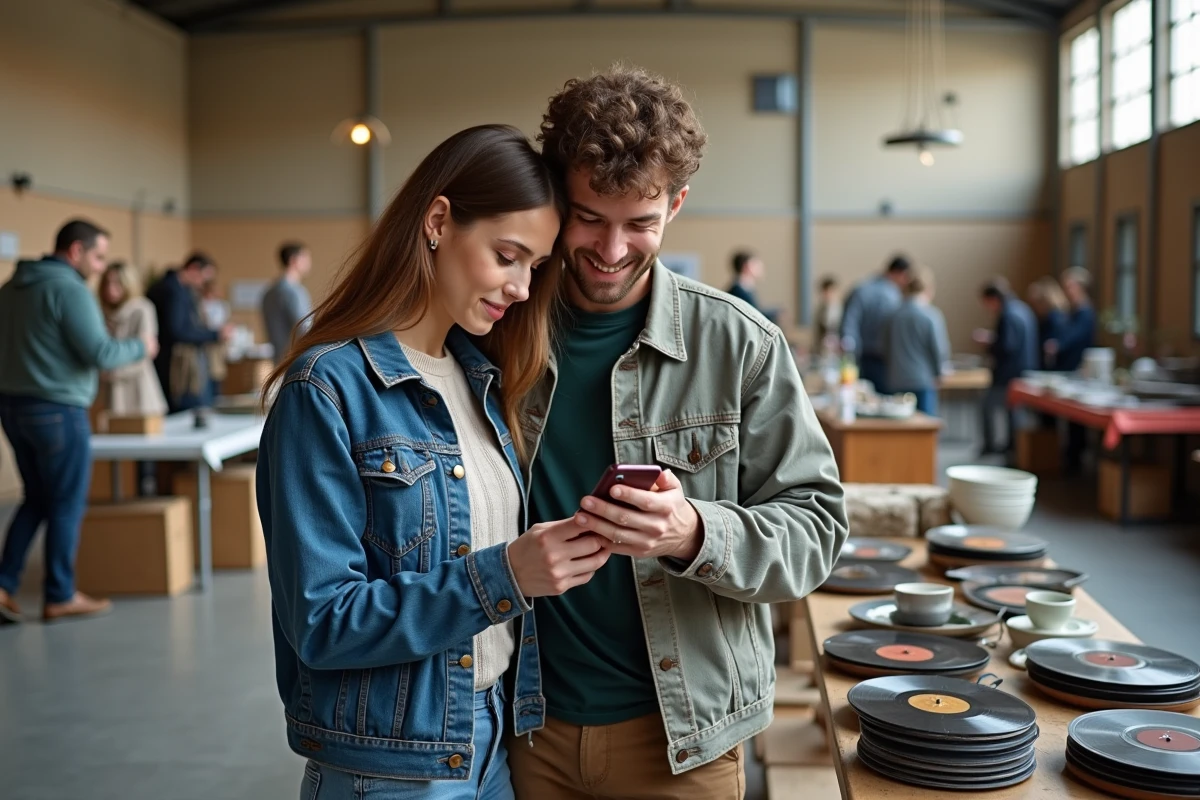 Couple recherchant des objets de seconde main sur l'application Dabradou lors d'un vide-grenier intérieur