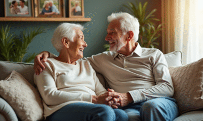 Couple de seniors assis sur un canapé chaleureux