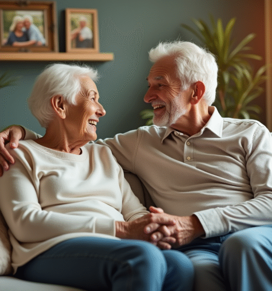 Couple de seniors assis sur un canapé chaleureux