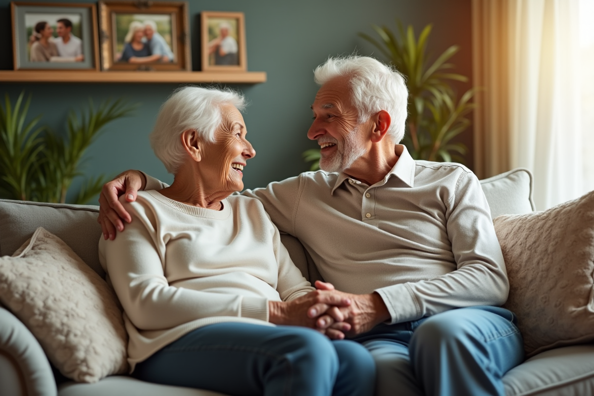 Couple de seniors assis sur un canapé chaleureux