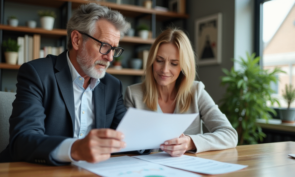 Couple d adultes d affaires examinant des documents financiers à la maison