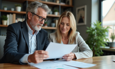 Couple d adultes d affaires examinant des documents financiers à la maison