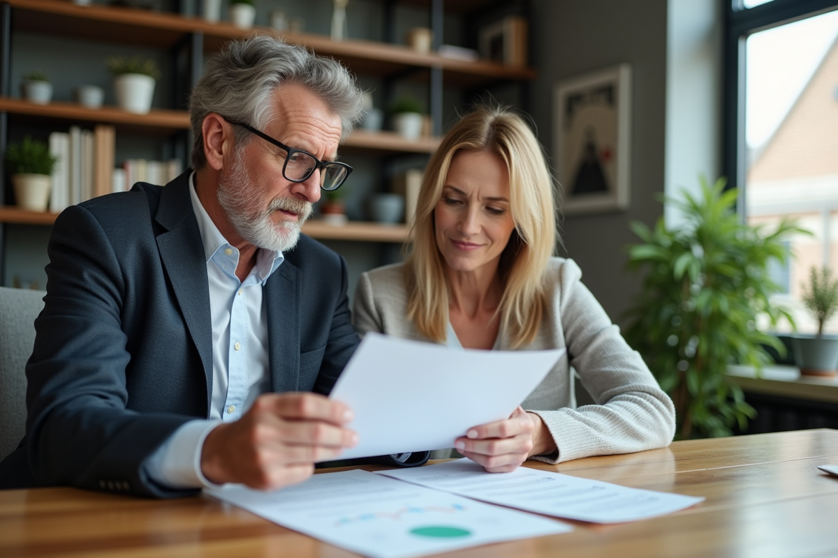 Couple d adultes d affaires examinant des documents financiers à la maison