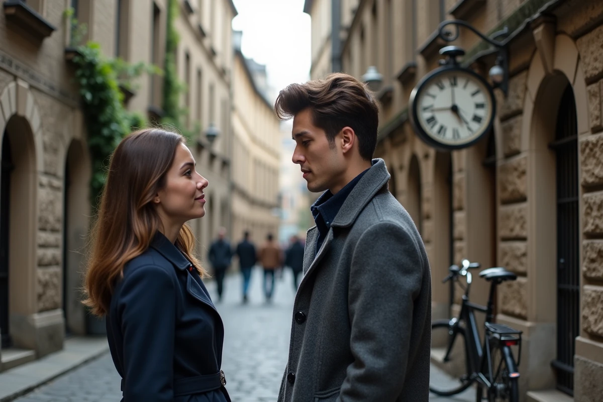 Couple regardant une horloge affichant 13h31 dans une rue pavée européenne, symbolisant la signification de l'heure miroir dans la vie amoureuse