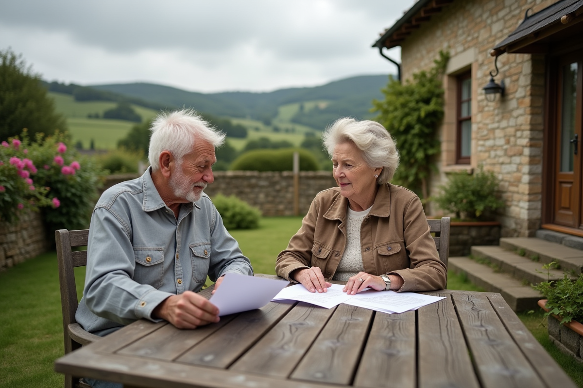 Couple âgé discutant avec papiers dans un jardin rural