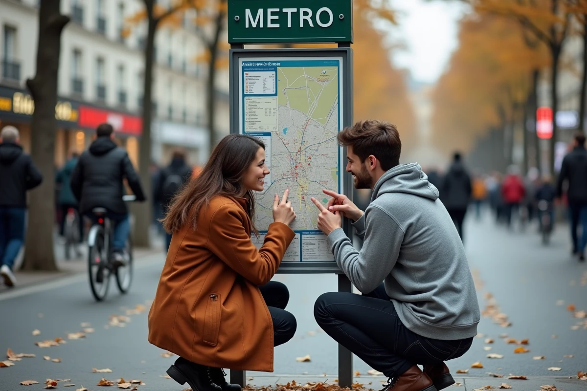 Couple consultant un panneau de carte de Paris avec arrondissements près d'une station de métro en automne
