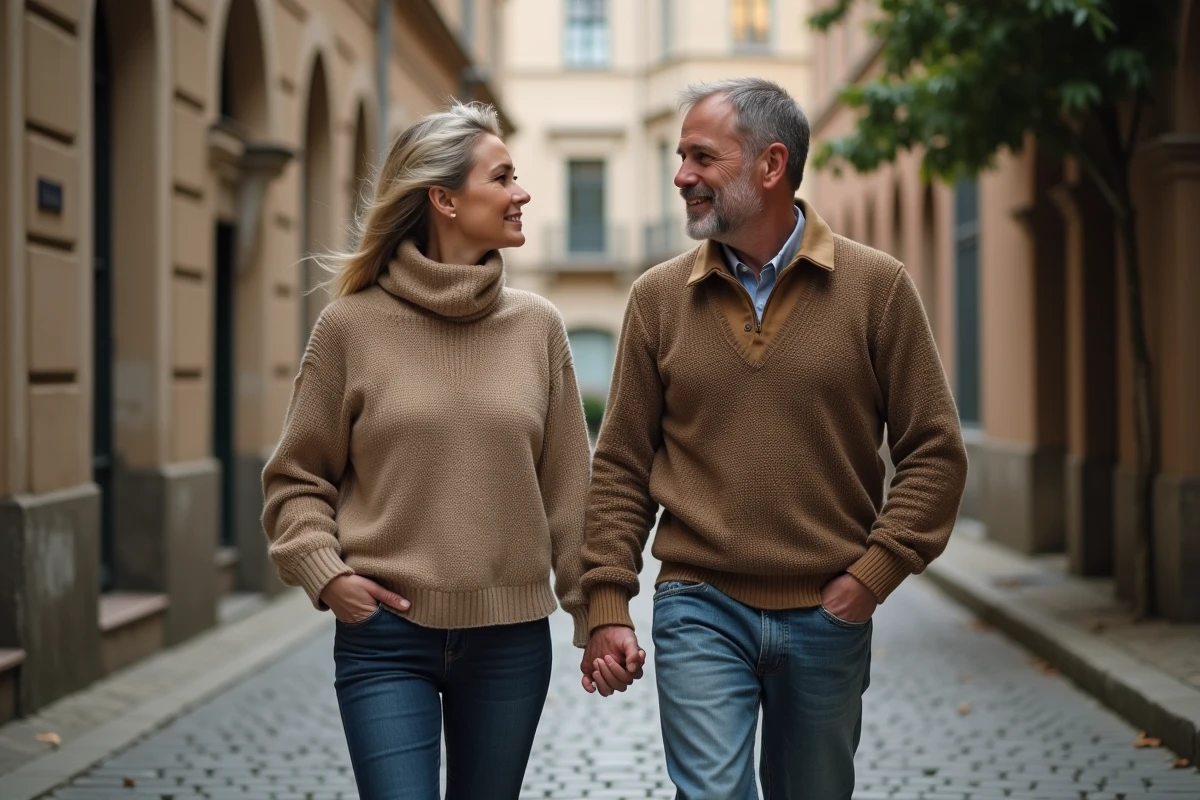 Un couple marche dans une rue pavée historique
