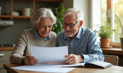 Couple souriant examinant des papiers de retraite à la maison