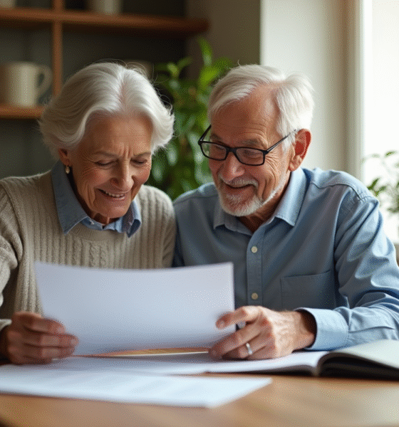 Couple souriant examinant des papiers de retraite à la maison