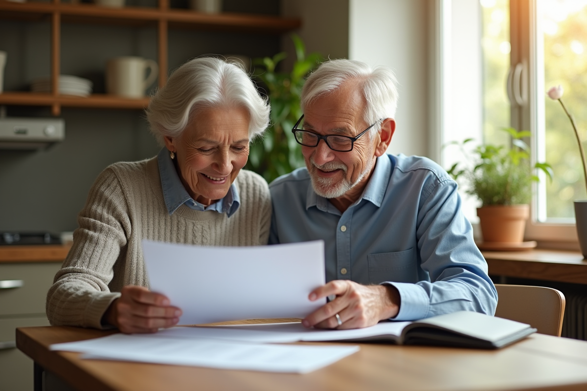 Couple souriant examinant des papiers de retraite à la maison