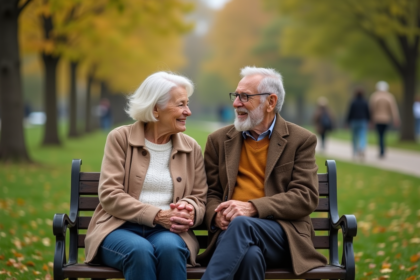 Couple senior assis sur un banc dans un parc en automne