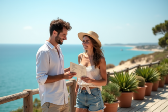 Jeune couple regardant des brochures de location vacances sur une terrasse en bord de mer