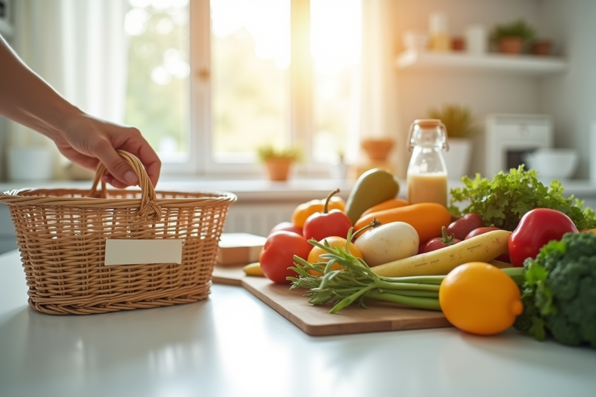 Produits alimentaires avec étiquettes de prix sur une table de cuisine