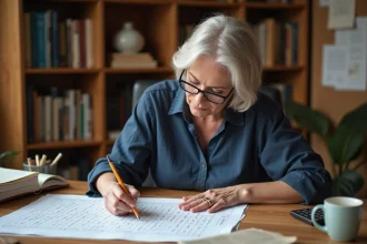 Femme concentrée en train de créer une grille de mots croisés à la main sur un bureau en bois entouré de dictionnaires et de feuilles de brouillon