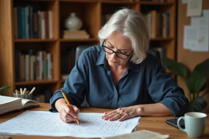 Femme concentrée en train de créer une grille de mots croisés à la main sur un bureau en bois entouré de dictionnaires et de feuilles de brouillon