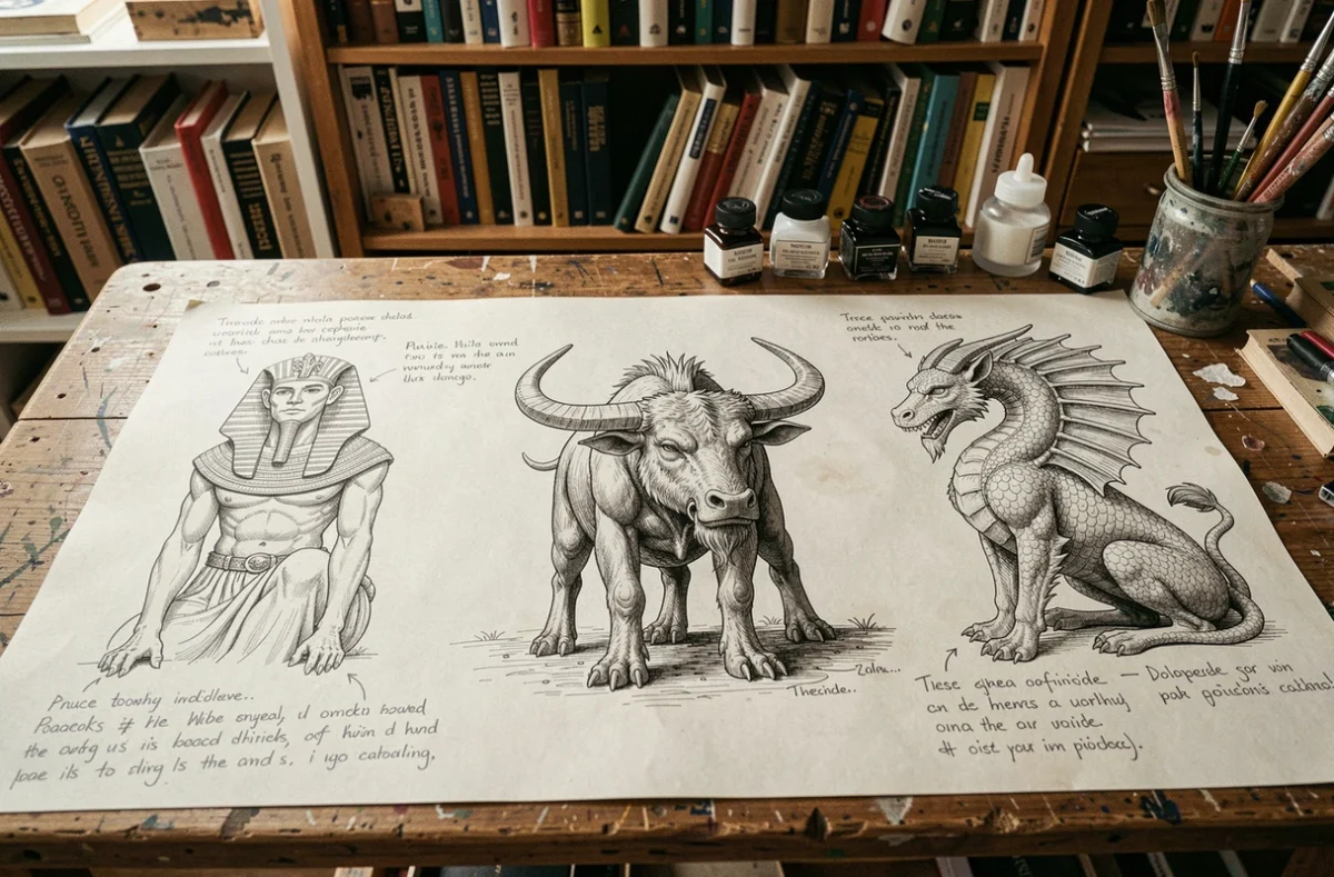 Croquis d'illustrateur comparant le Minotaure, le Sphinx et la Chimère sur un bureau d'artiste encombré