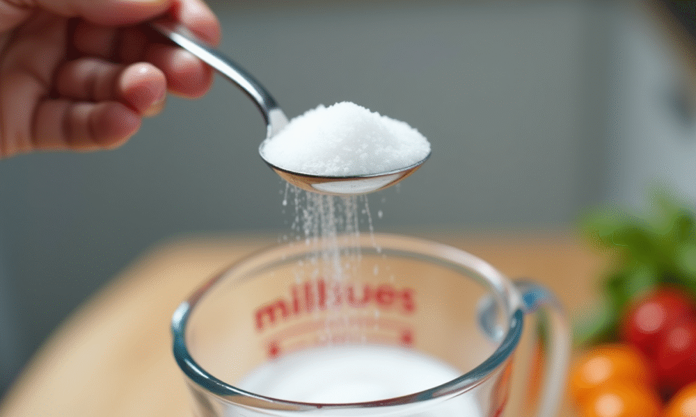 Main tenant une cuillère à sucre en métal brillant avec du sucre blanc
