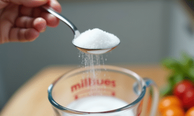 Main tenant une cuillère à sucre en métal brillant avec du sucre blanc