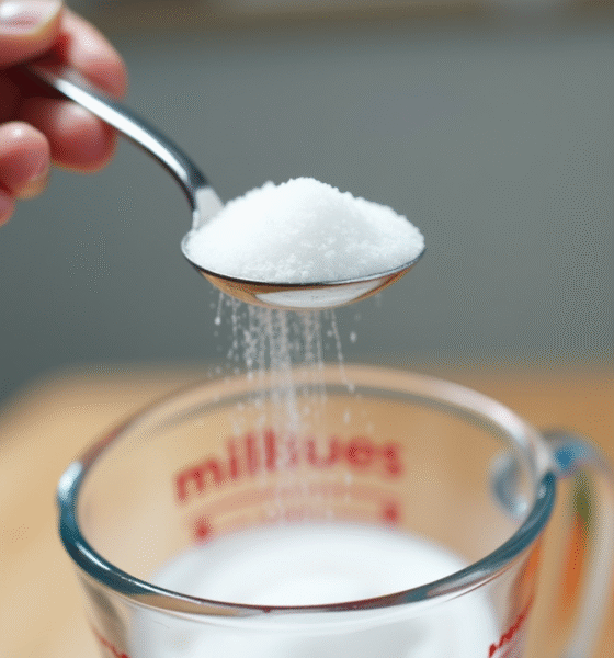 Main tenant une cuillère à sucre en métal brillant avec du sucre blanc