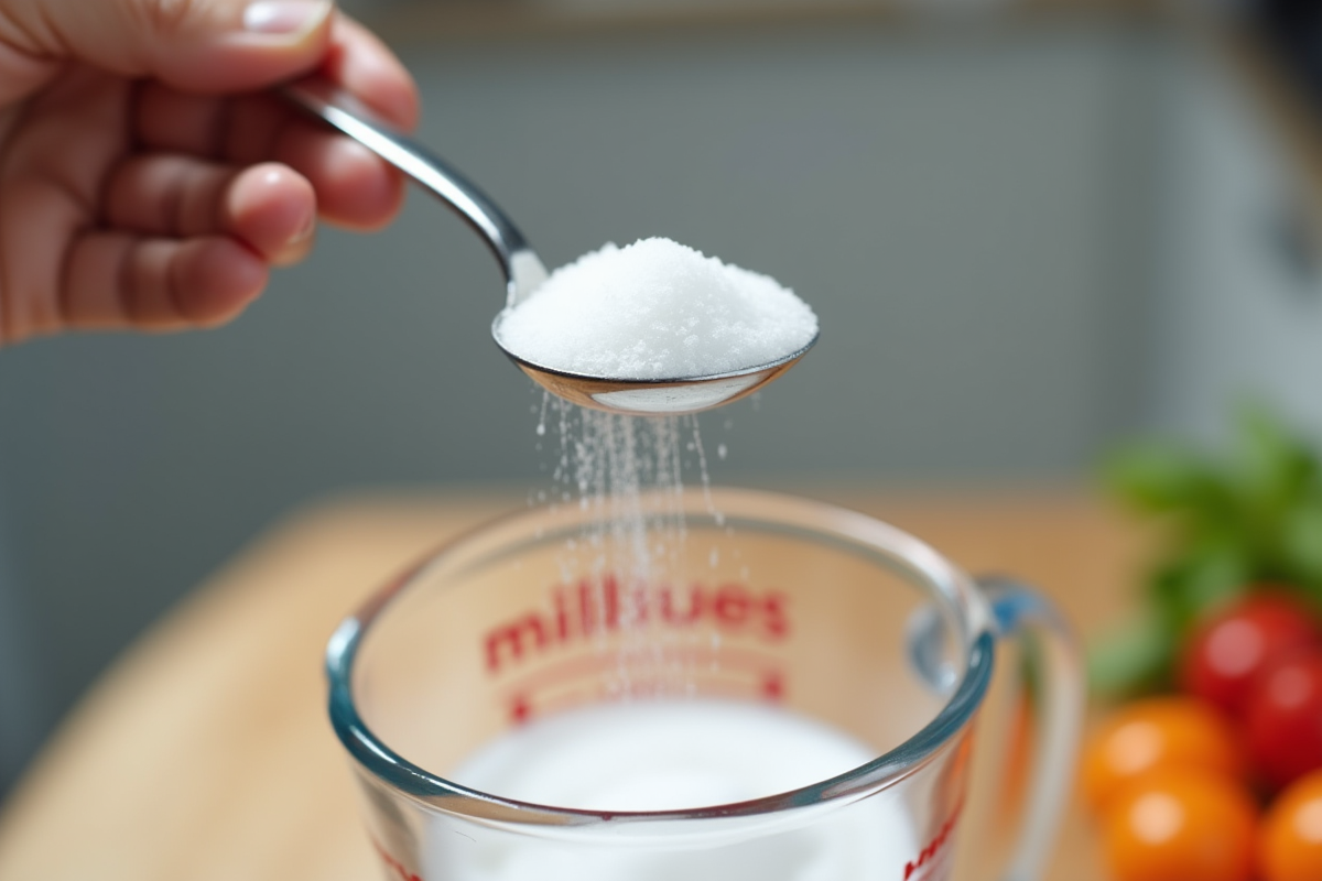 Main tenant une cuillère à sucre en métal brillant avec du sucre blanc