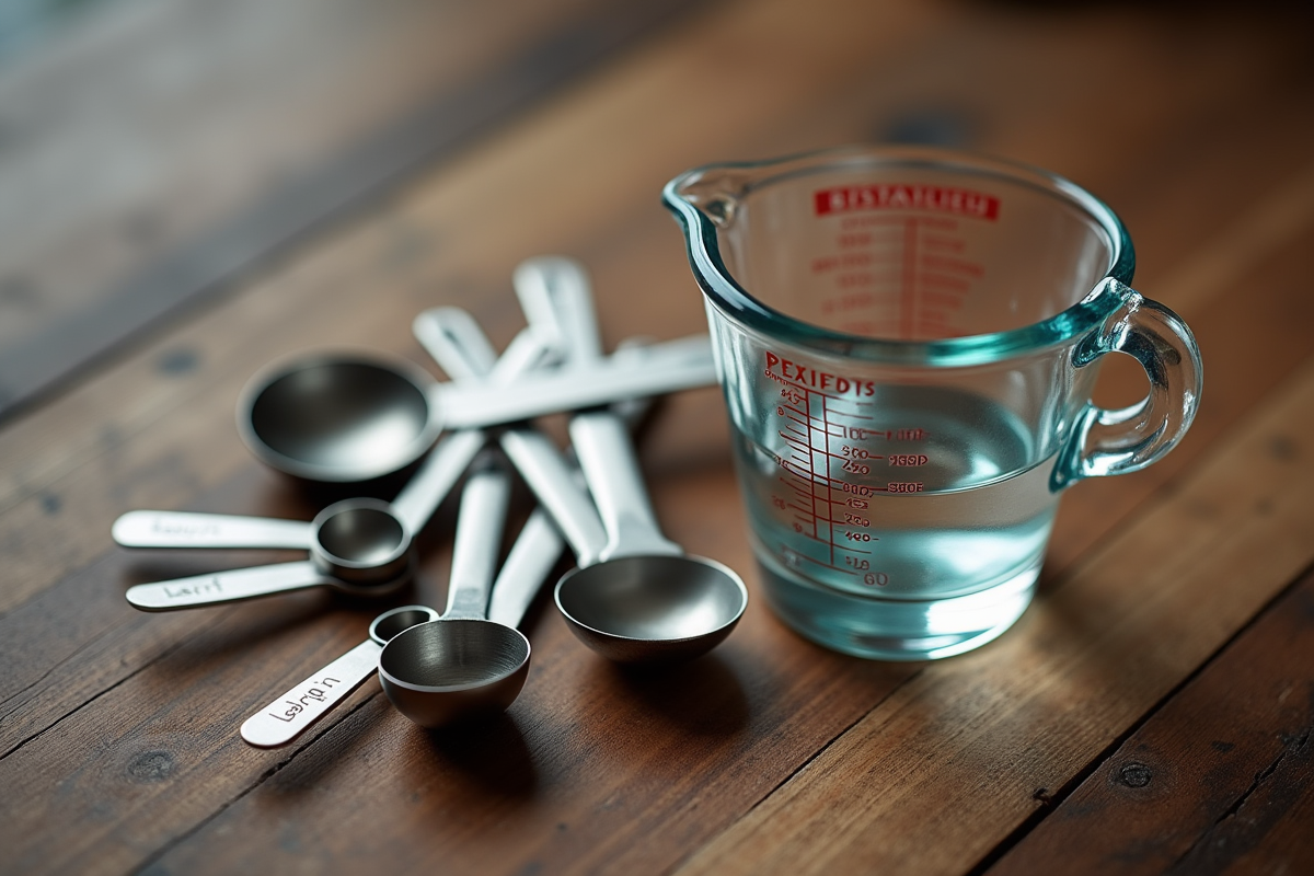 Cuillères à mesurer et verre avec marquages sur table en bois