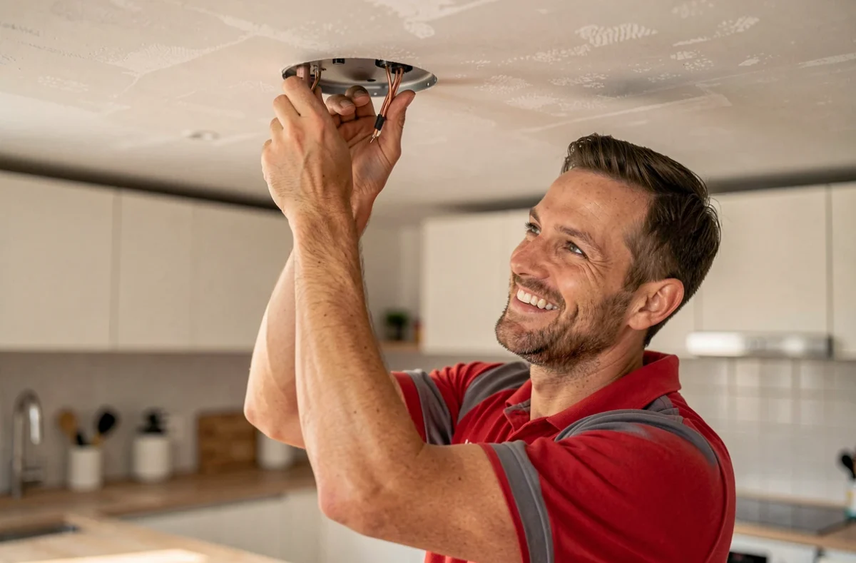 Électricien de David Service Rennes réparant un plafonnier dans une cuisine d'appartement rennais