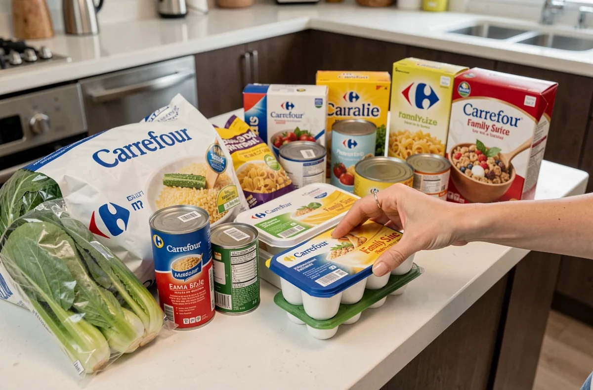 Déballage des courses en ligne Carrefour livrées à domicile pour une grande famille