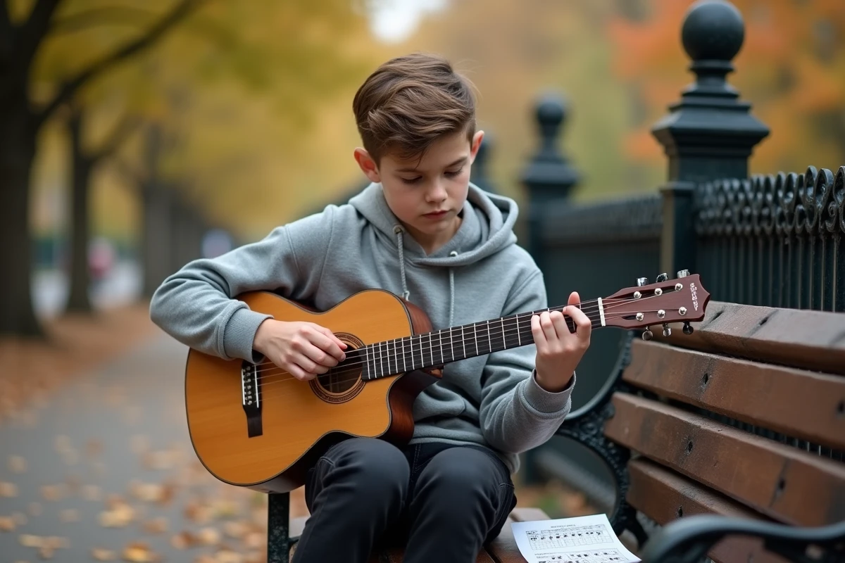 Adolescent débutant à la guitare étudiant les accords de Petite Marie sur un banc de parc en automne