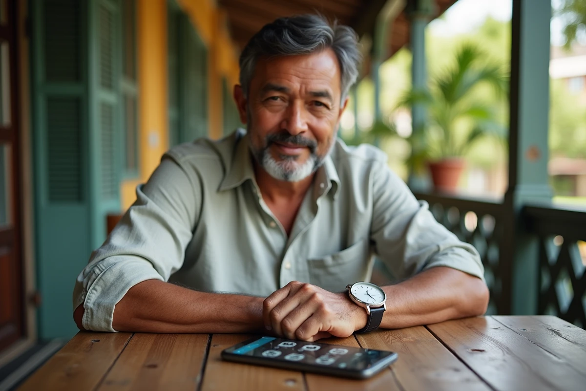 Homme guyanais consultant sa montre et un smartphone affichant le décalage horaire entre la Guyane et Paris