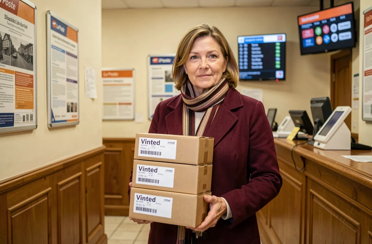 Femme attendant en file dans un bureau de La Poste pour déposer des colis Vinted
