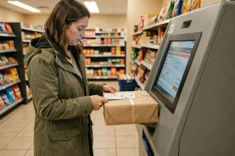 Femme déposant un colis Vinted à un point relais en magasin de proximité