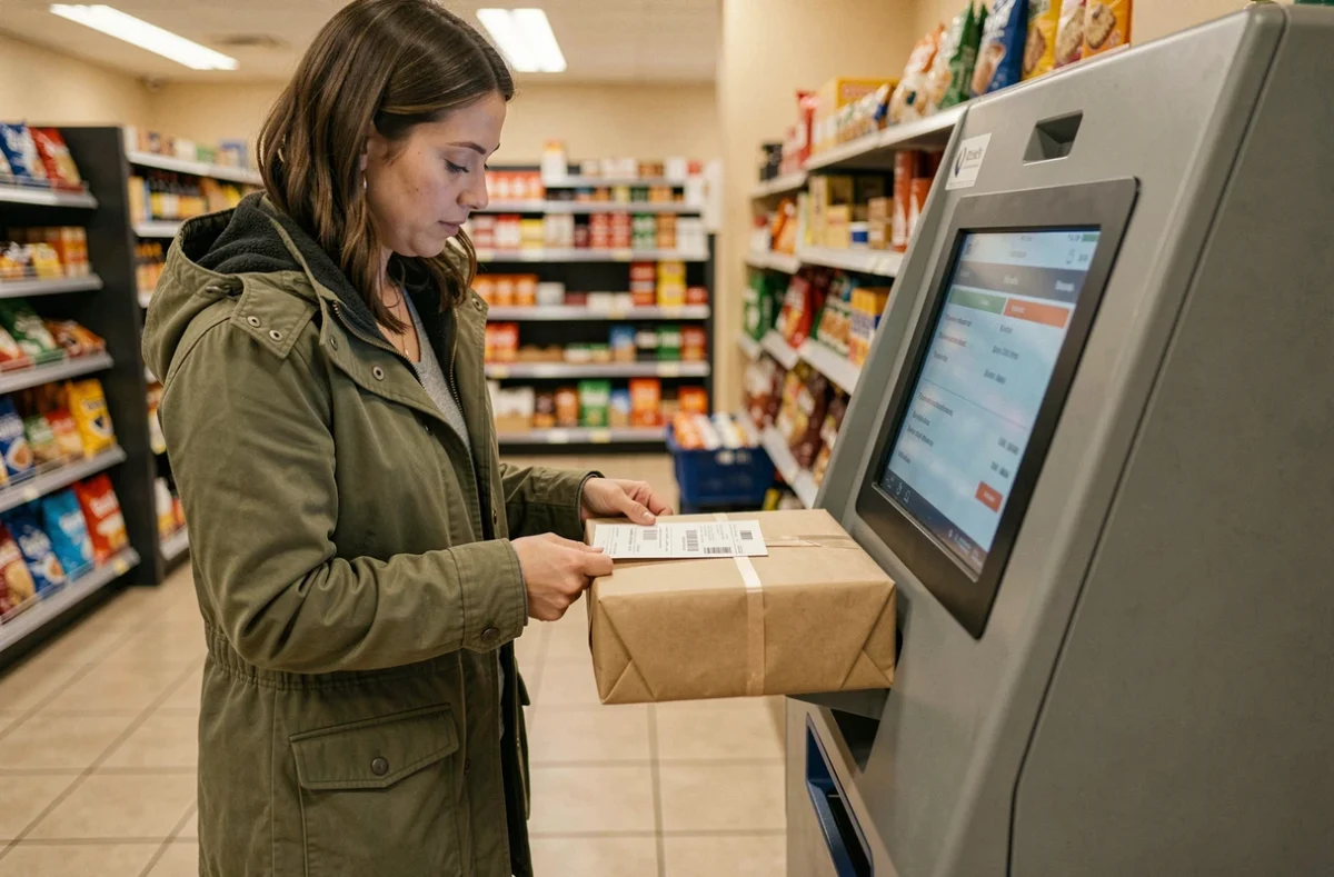 Femme déposant un colis Vinted à un point relais en magasin de proximité