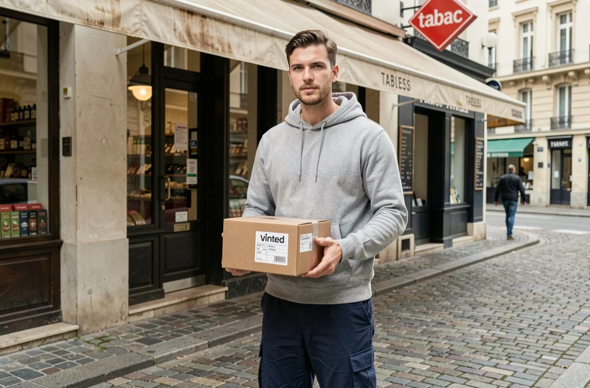 Homme déposant un colis Vinted devant un bureau de tabac en ville