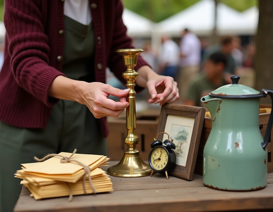 Détail d'un étal de brocante avec objets vintage et mains de vendeuse en Yvelines