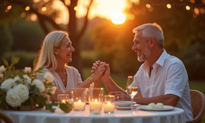 Couple d'âge moyen riant lors d'un dîner d'anniversaire en plein air au coucher du soleil