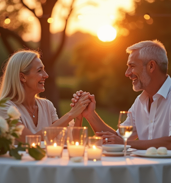 Couple d'âge moyen riant lors d'un dîner d'anniversaire en plein air au coucher du soleil