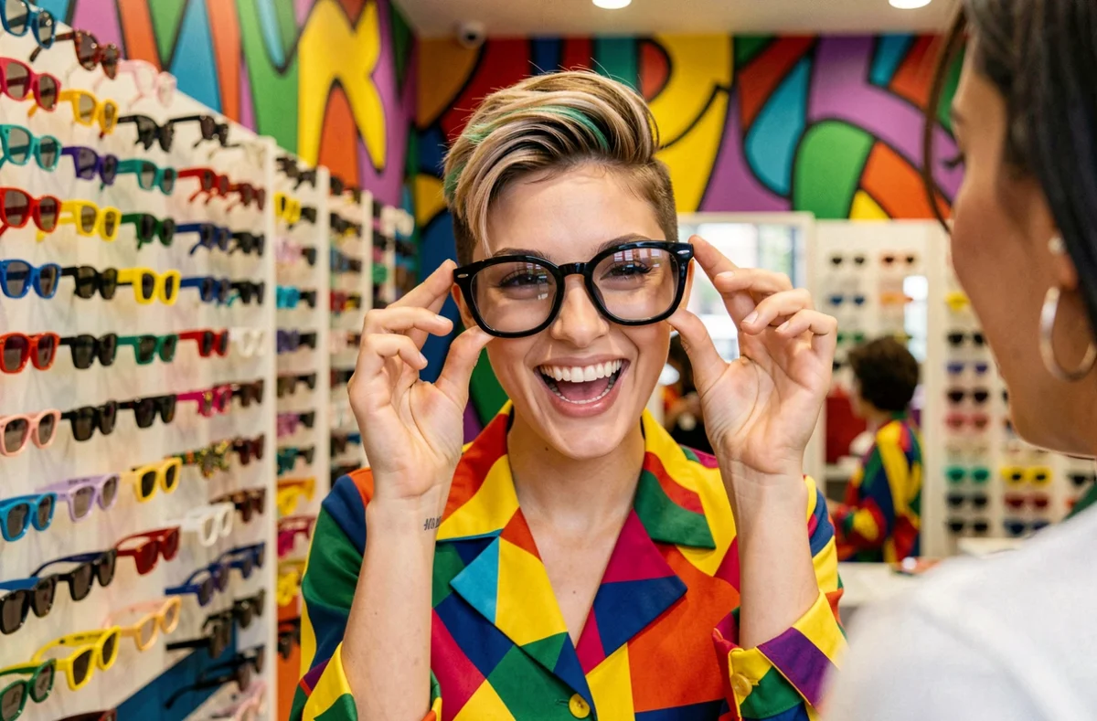 Jeune cliente enthousiaste comparant deux paires de lunettes tendance chez Dingue de Lunettes Lyon