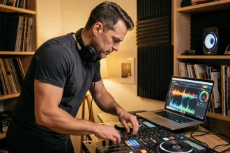 DJ professionnel utilisant un simulateur de niveau sonore sur ordinateur portable pour optimiser ses playlists dans un home studio acoustique