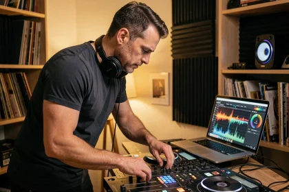 DJ professionnel utilisant un simulateur de niveau sonore sur ordinateur portable pour optimiser ses playlists dans un home studio acoustique
