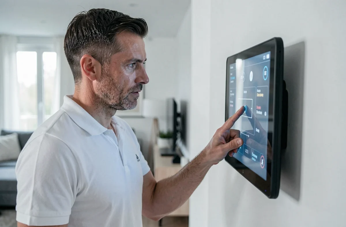 Technicien de Domotycite programmant un panneau domotique mural dans une maison connectée à Rennes