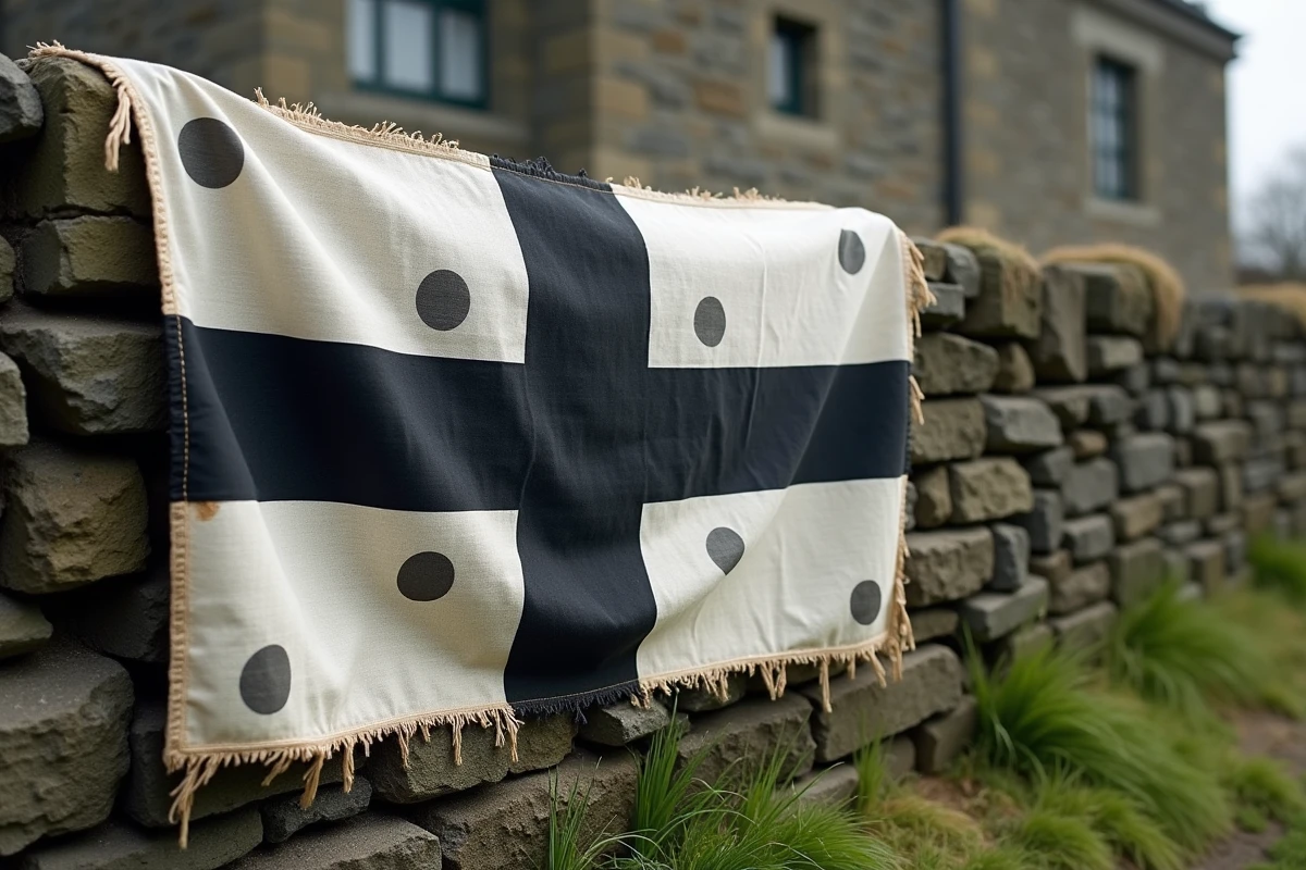 Drapeau breton Gwenn-ha-Du aux onze hermines accroché sur un mur de granite en Bretagne