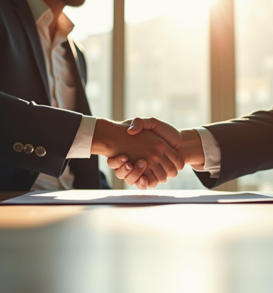 Professionnels échangeant un contrat signé sur un bureau lumineux