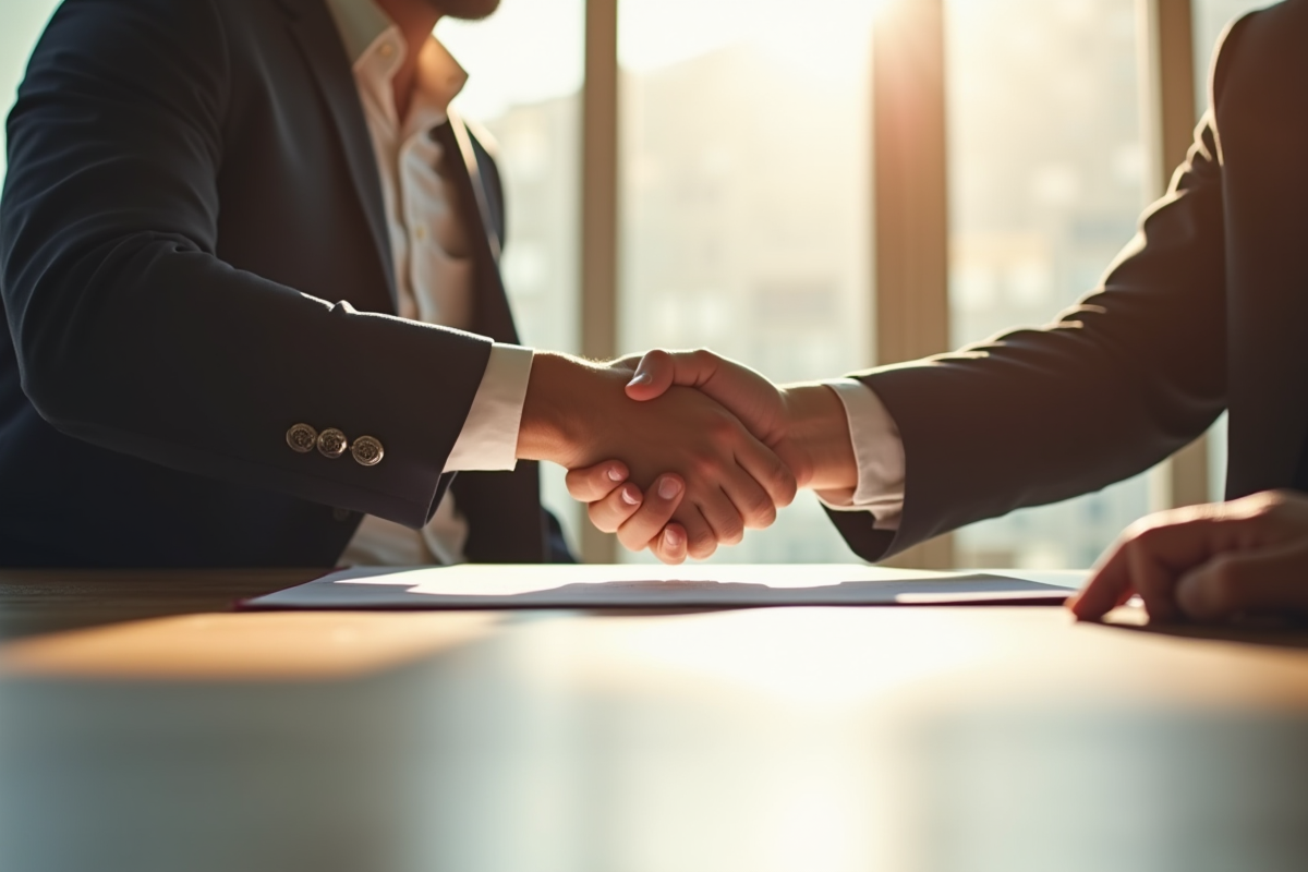 Professionnels échangeant un contrat signé sur un bureau lumineux