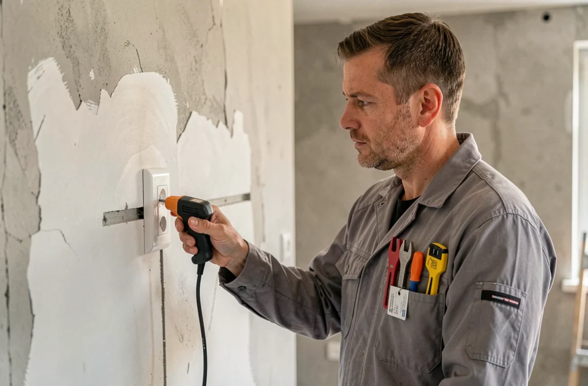 L'Électricien Rennais en train d'installer une prise électrique dans un appartement en rénovation à Rennes