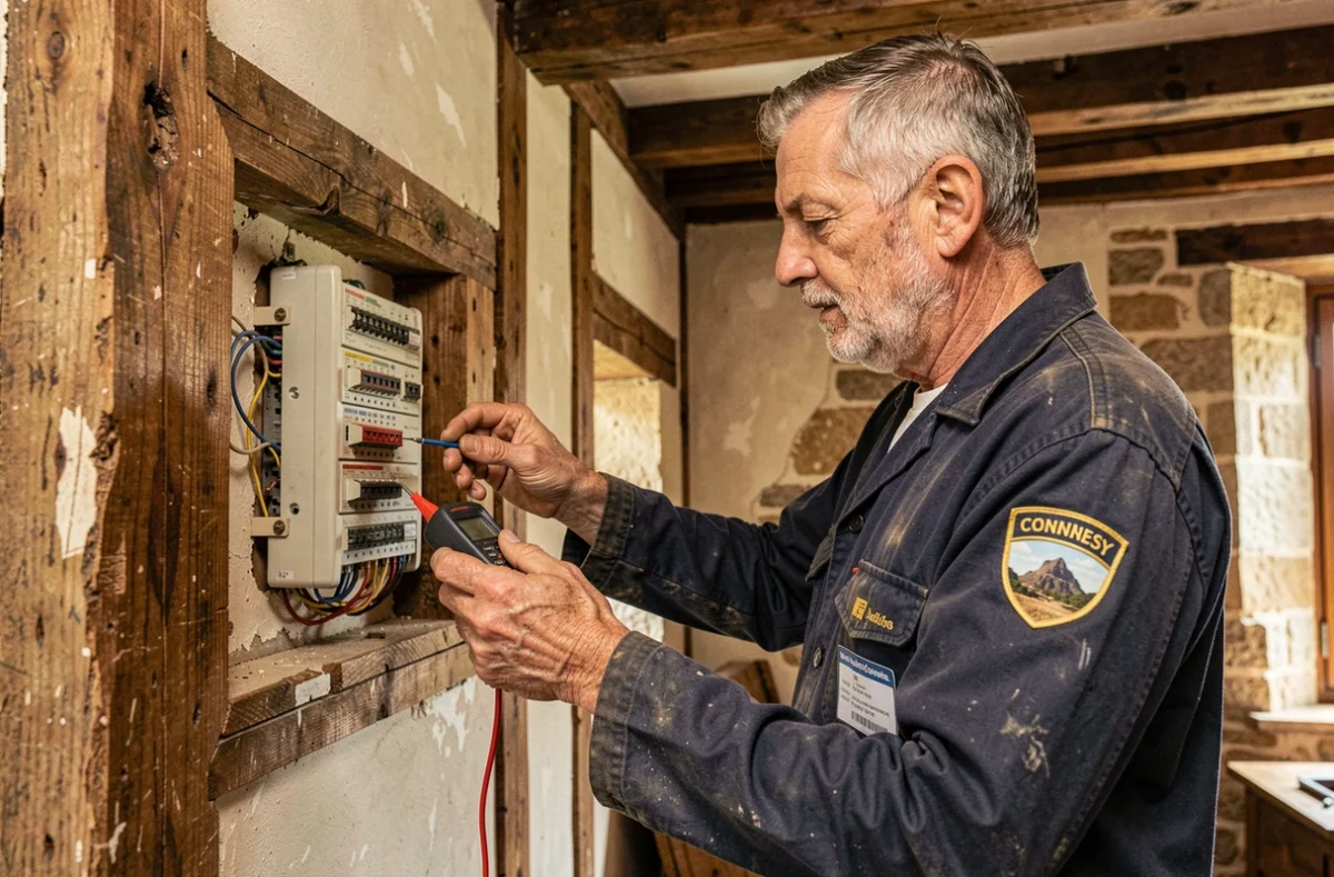 Électricien d'Électricité Générale Lefeuvre remplaçant un ancien tableau de fusibles dans une maison de ville rennaise
