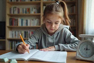 Élève adolescente révisant la conversion gramme en kilogramme sur une feuille d'exercices posée sur un bureau en bois avec une balance numérique