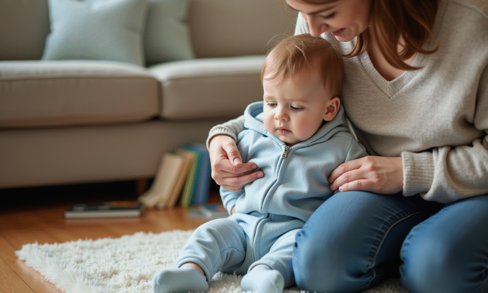 Petit garçon en pyjama bleu assis avec sa mère