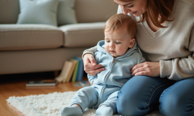 Petit garçon en pyjama bleu assis avec sa mère